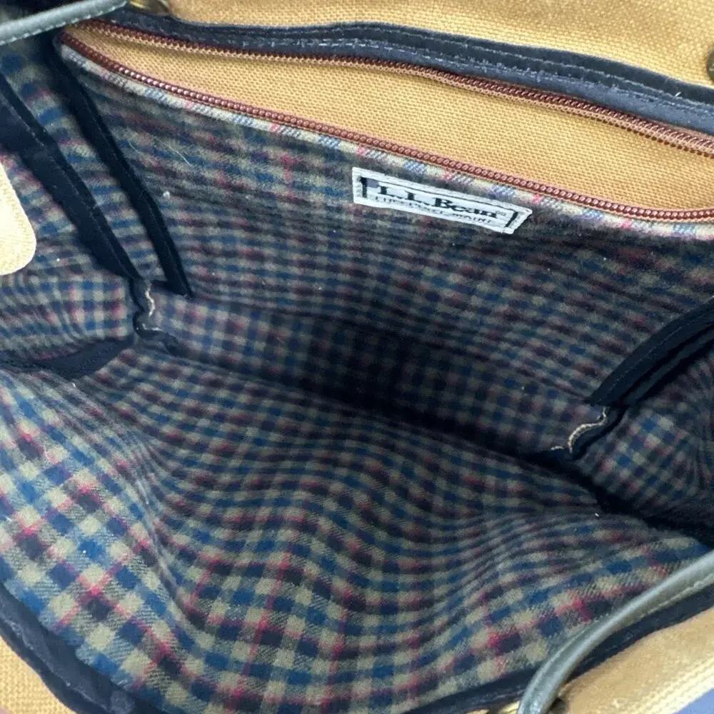 Vintage L.L. Bean Beige Canvas Leather Trim Backpack Plaid Lined Brass Daypack